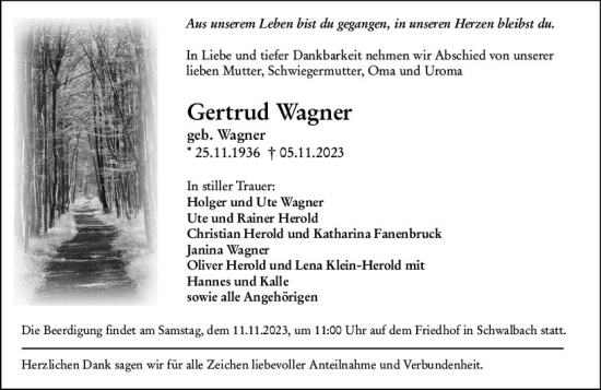 Traueranzeige von Gertrud Wagner von Wetzlarer Neue Zeitung