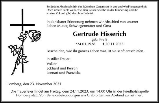 Traueranzeige von Gertrude Hisserich von VRM Trauer