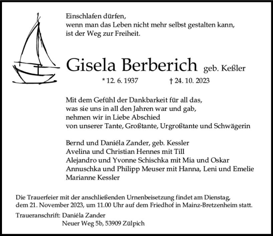 Traueranzeige von Gisela Berberich von Allgemeine Zeitung Mainz
