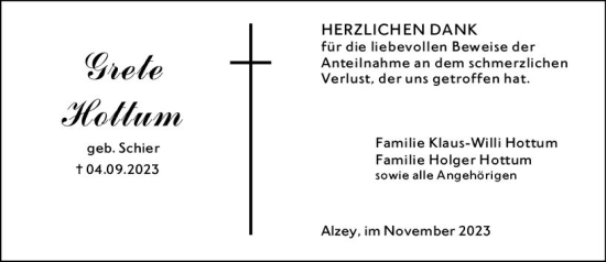 Traueranzeige von Grete Hottum von Allgemeine Zeitung Alzey