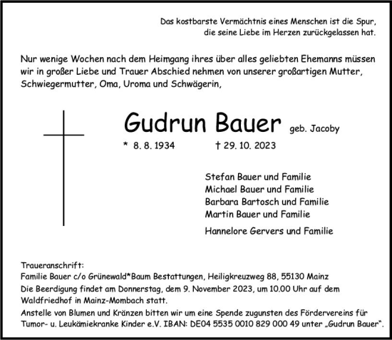 Traueranzeige von Gudrun Bauer von Allgemeine Zeitung Mainz