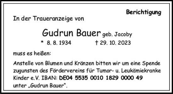 Traueranzeige von Gudrun Bauer von Allgemeine Zeitung Mainz