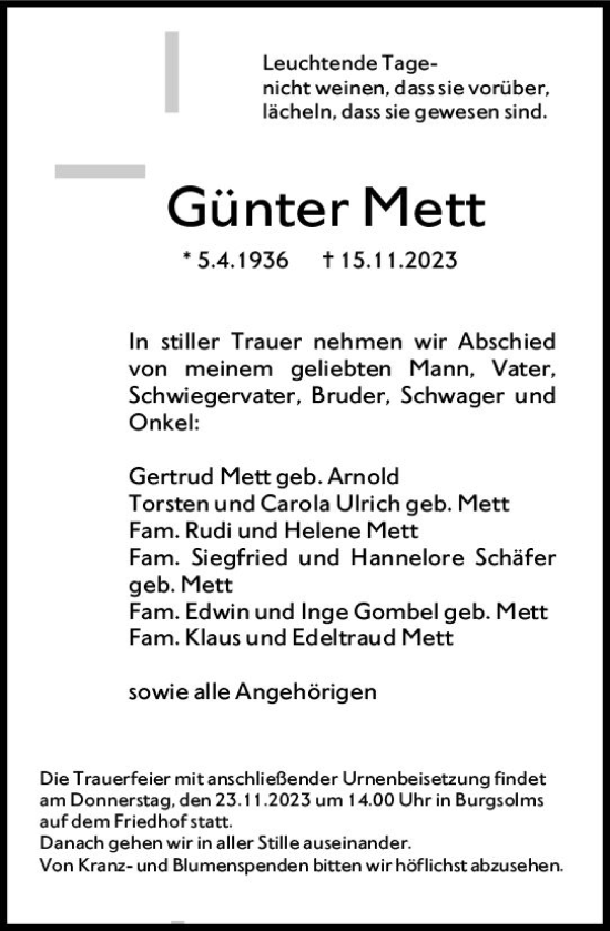 Traueranzeige von Günter Mett von Wetzlarer Neue Zeitung