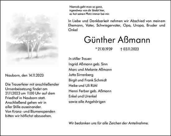 Traueranzeige von Günther Aßmann von Wetzlarer Neue Zeitung