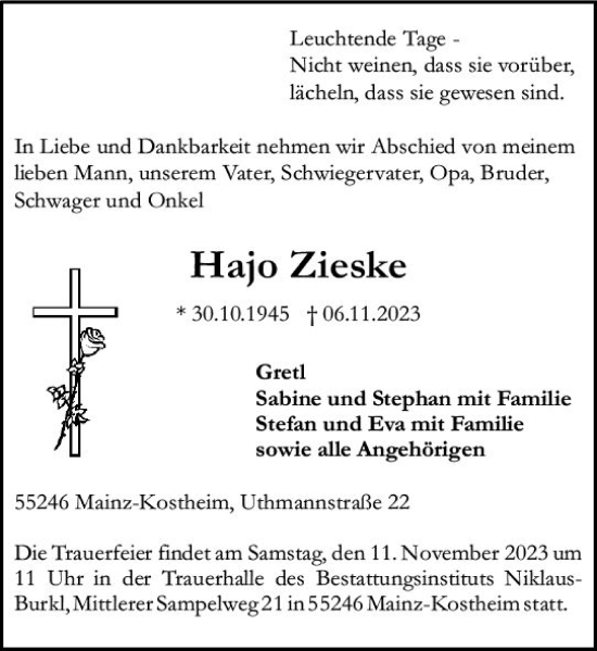 Traueranzeige von Hajo Zieske von Allgemeine Zeitung Mainz