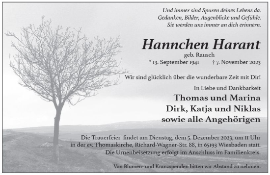 Traueranzeige von Hannchen Harant von Wiesbadener Kurier