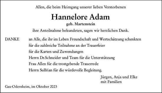 Traueranzeige von Hannelore Adam von Allgemeine Zeitung Alzey