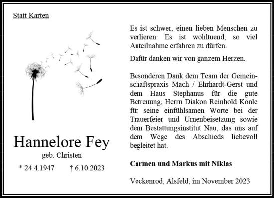 Traueranzeige von Hannelore Fey von Oberhessen Kurier