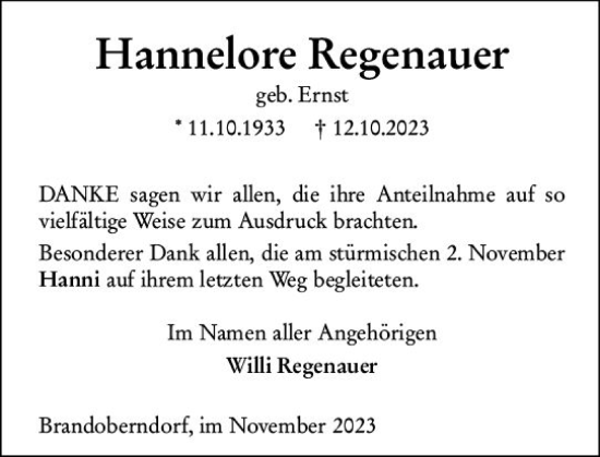 Traueranzeige von Hannelore Regenauer von Wetzlarer Neue Zeitung