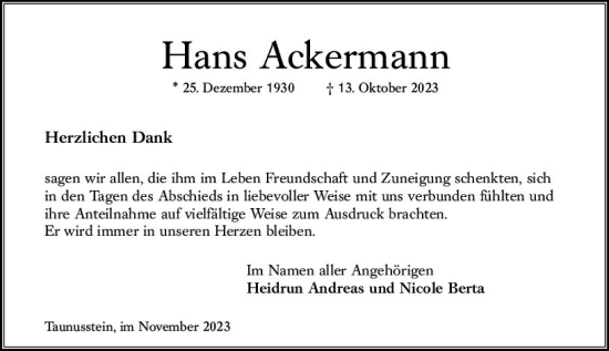 Traueranzeige von Hans Ackermann von Wiesbadener Kurier
