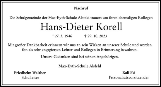 Traueranzeige von Hans-Dieter Korell von VRM Trauer