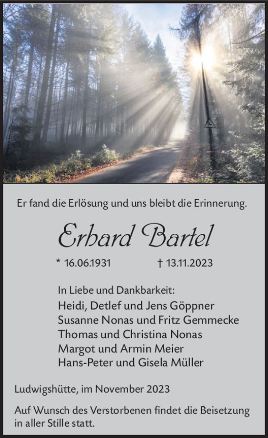 Traueranzeige von Hans-Erhard Bartel von Hinterländer Anzeiger