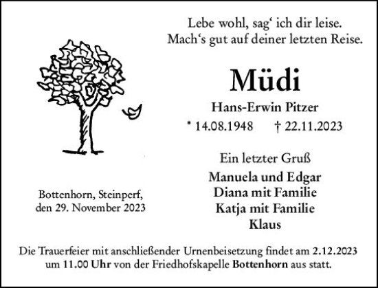 Traueranzeige von Hans-Erwin Pitzer von Hinterländer Anzeiger