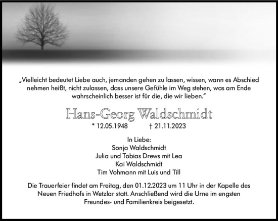 Traueranzeige von Hans-Georg Waldschmidt von Wetzlarer Neue Zeitung