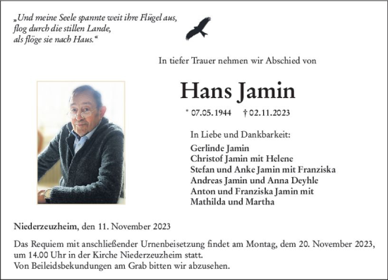 Traueranzeige von Hans Jamin von Nassauische Neue Presse