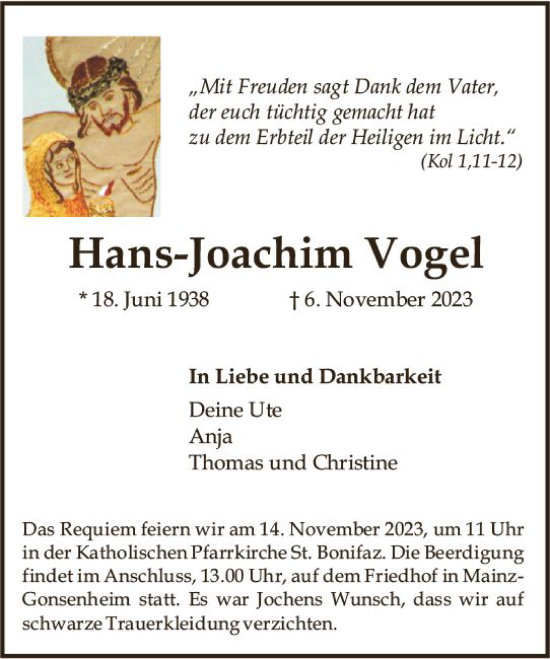 Traueranzeige von Hans-Joachim Vogel von Allgemeine Zeitung Mainz