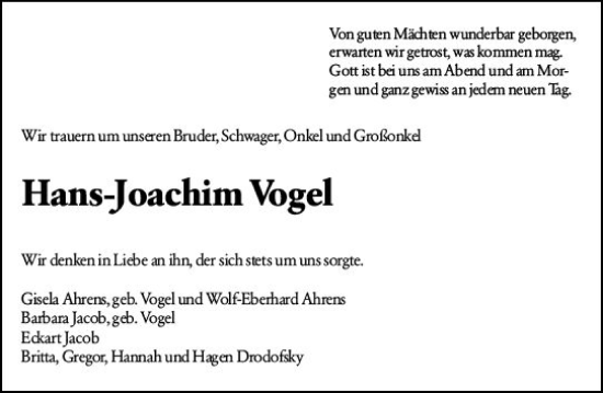 Traueranzeige von Hans-Joachim Vogel von Allgemeine Zeitung Mainz