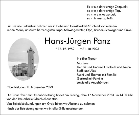 Traueranzeige von Hans-Jürgen Panz von Wetzlarer Neue Zeitung