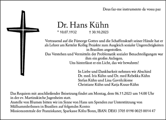 Traueranzeige von Hans Kühn von Allgemeine Zeitung Mainz