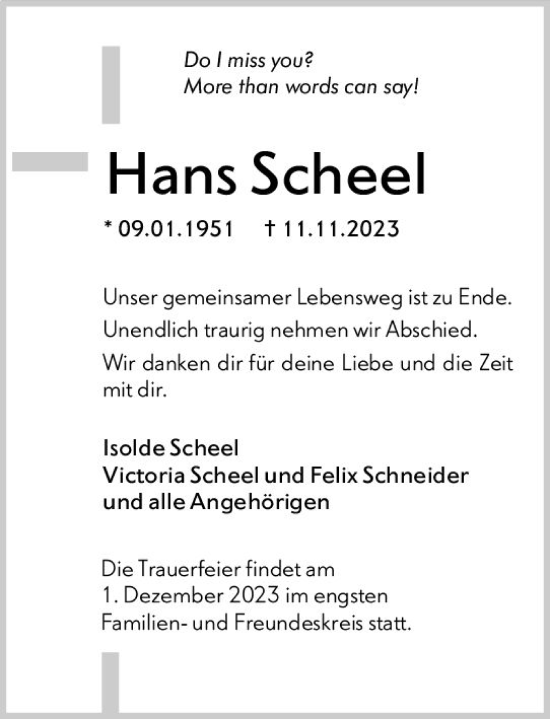 Traueranzeige von Hans Scheel von Camberger Anzeiger
