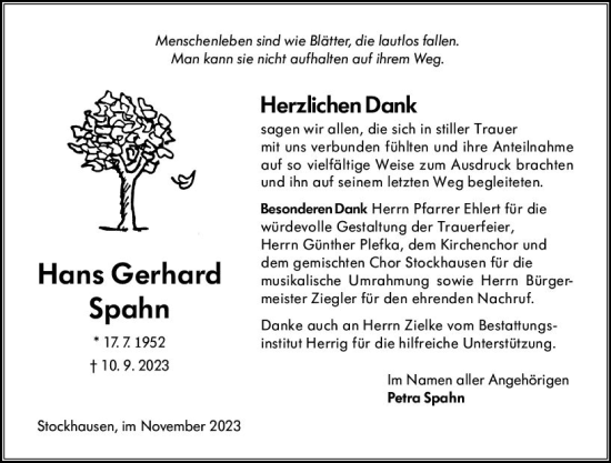 Traueranzeige von Hans Gerhard Spahn von Oberhessen Kurier