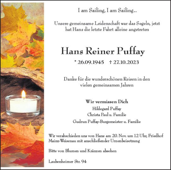 Traueranzeige von Hans Reiner Puffay von Allgemeine Zeitung Mainz