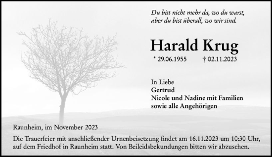 Traueranzeige von Harald Krug von Rüsselsheimer Echo