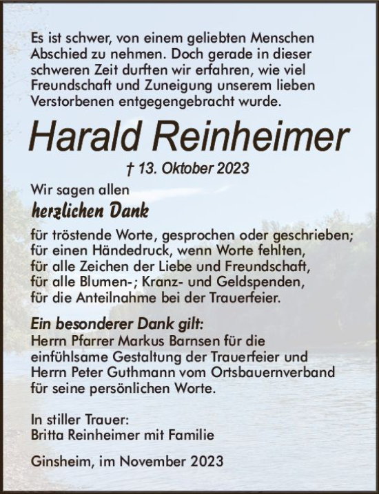 Traueranzeige von Harald Reinheimer von Allgemeine Zeitung Mainz