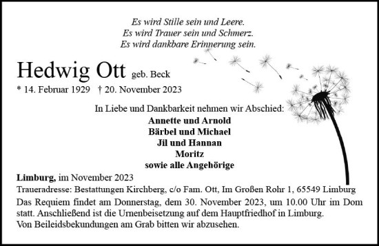 Traueranzeige von Hedwig Ott von Nassauische Neue Presse