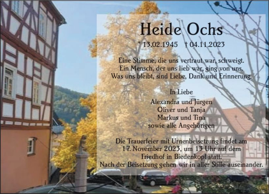 Traueranzeige von Heide Ochs von Hinterländer Anzeiger