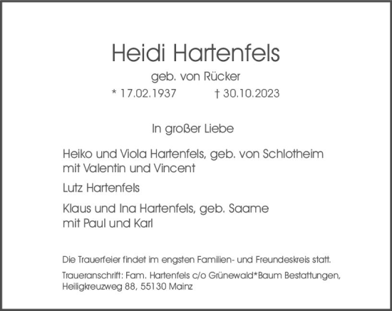 Traueranzeige von Heidi Hartenfels von Allgemeine Zeitung Mainz
