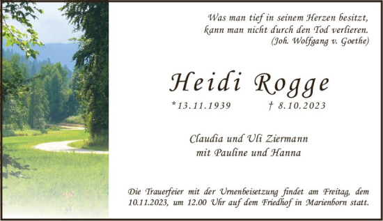 Traueranzeige von Heidi Rogge von Allgemeine Zeitung Mainz