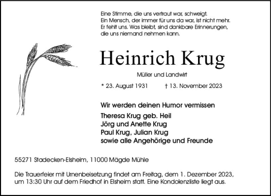 Traueranzeige von Heinrich Krug von Allgemeine Zeitung Mainz