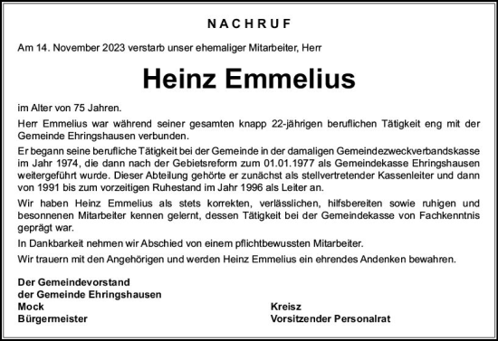 Traueranzeige von Heinz Emmelius von Wetzlarer Neue Zeitung