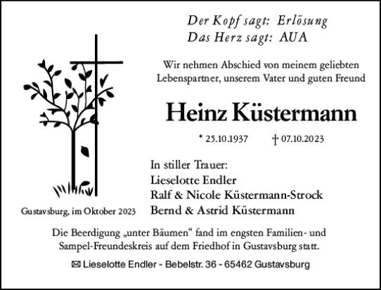 Traueranzeige von Heinz Küstermann von Allgemeine Zeitung Mainz