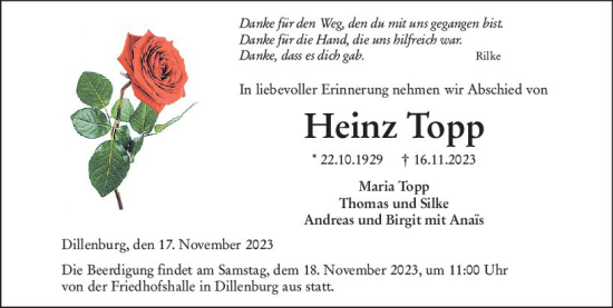 Traueranzeige von Heinz Topp von Dill Block