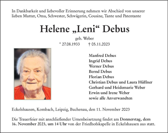 Traueranzeige von Helene  Debus von Hinterländer Anzeiger