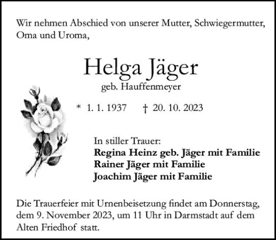 Traueranzeige von Helga Jäger von Darmstädter Echo
