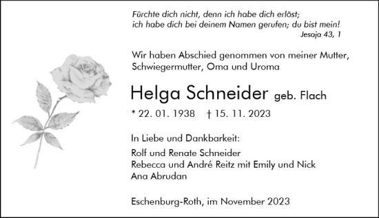 Traueranzeige von Helga Schneider von Hinterländer Anzeiger