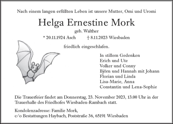 Traueranzeige von Helga Ernestine Mork von Wiesbadener Kurier