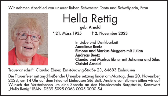 Traueranzeige von Hella Rettig von Starkenburger Echo