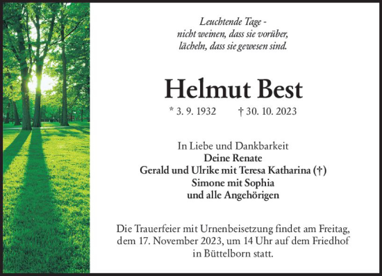 Traueranzeige von Helmut Best von Groß-Gerauer Echo