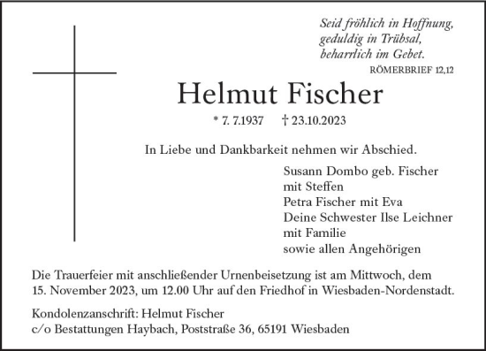 Traueranzeige von Helmut Fischer von Wiesbadener Kurier