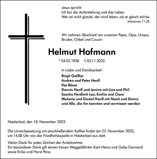 Traueranzeige von Helmut Hofmann von Wetzlarer Neue Zeitung