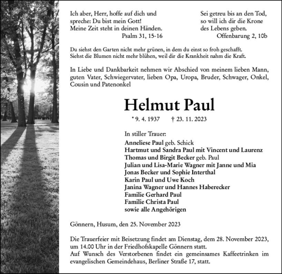 Traueranzeige von Helmut Paul von Hinterländer Anzeiger