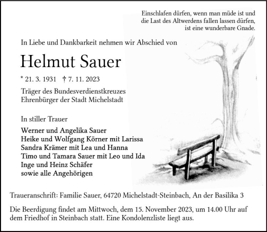 Traueranzeige von Helmut Sauer von Odenwälder Echo