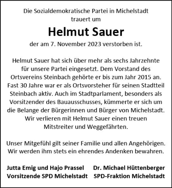 Traueranzeige von Helmut Sauer von Odenwälder Echo