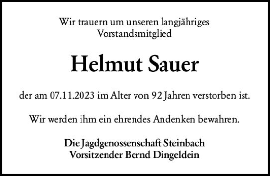 Traueranzeige von Helmut Sauer von Odenwälder Echo
