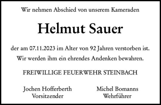 Traueranzeige von Helmut Sauer von Odenwälder Echo