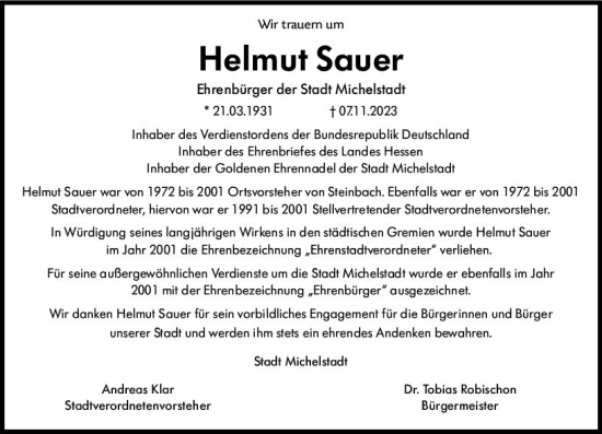 Traueranzeige von Helmut Sauer von Odenwälder Echo